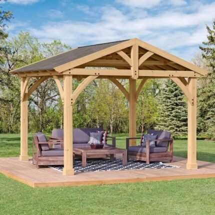 Carolina 11 Ft. X 13 Ft. Premium Outdoor Cedar Backyard Patio Shade Pavilion with Brown Aluminum Gazebo Style Roof